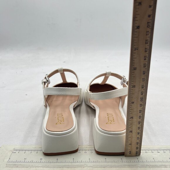 Pazzion White Stylish Low Chunky Heel Slingback T-Strap Buckle Square Toe Pumps - Picture 5 of 8